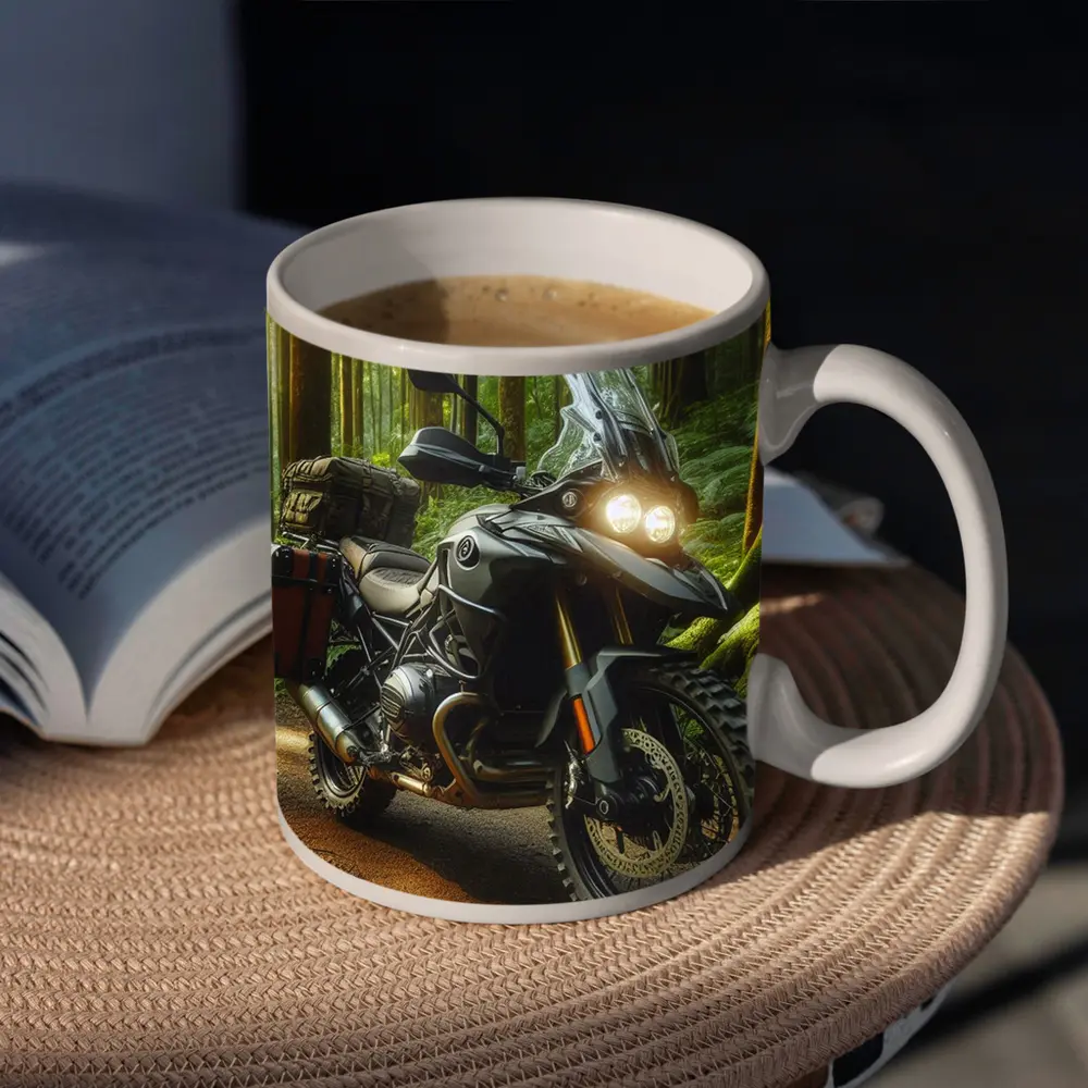Adventure Motorcycle Parked In Sunlit Forest – Mugs
