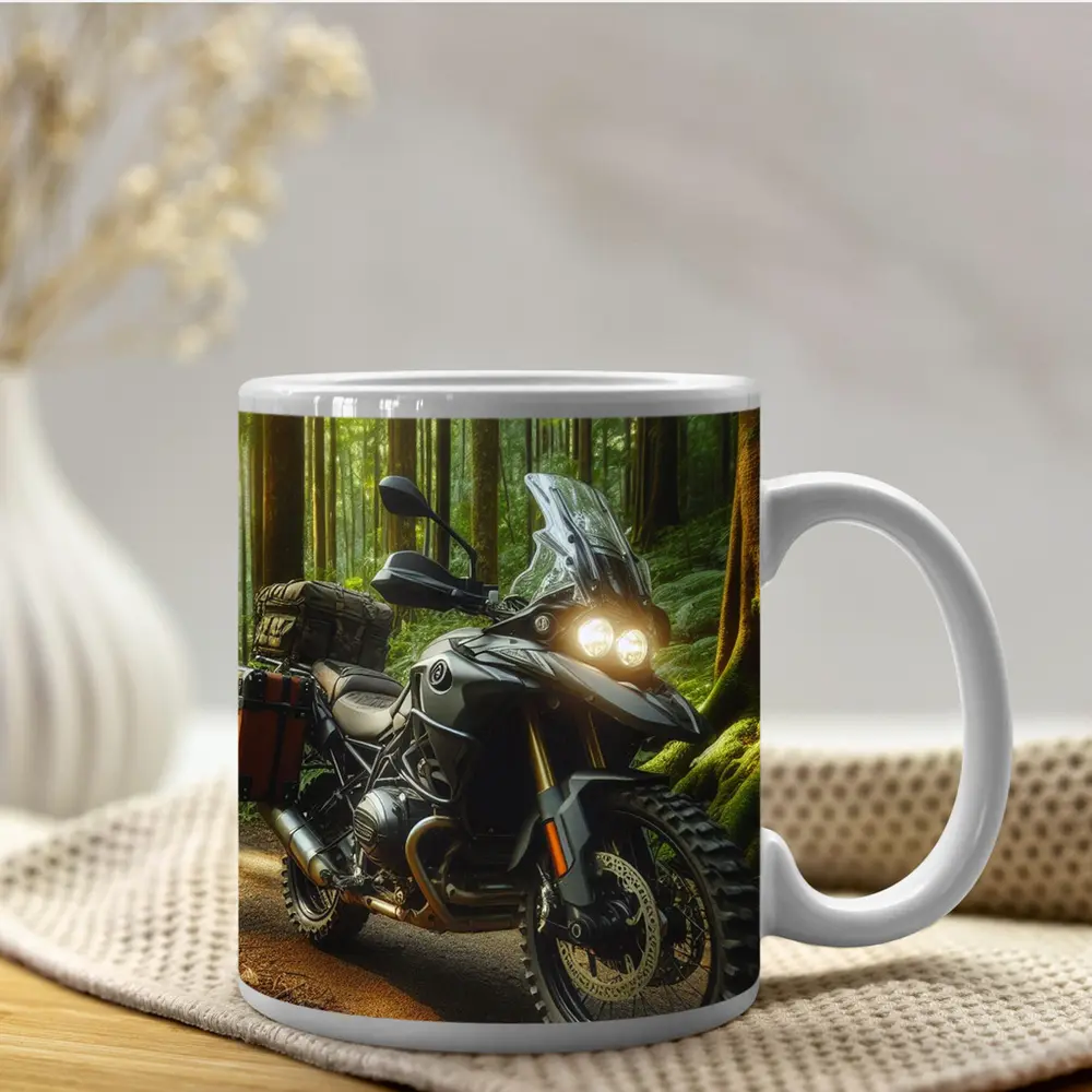 Adventure Motorcycle Parked In Sunlit Forest – Mugs