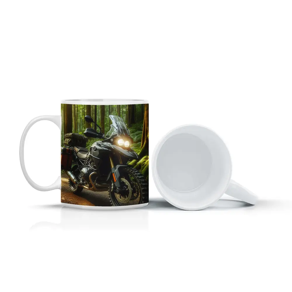 Adventure Motorcycle Parked In Sunlit Forest – Mugs