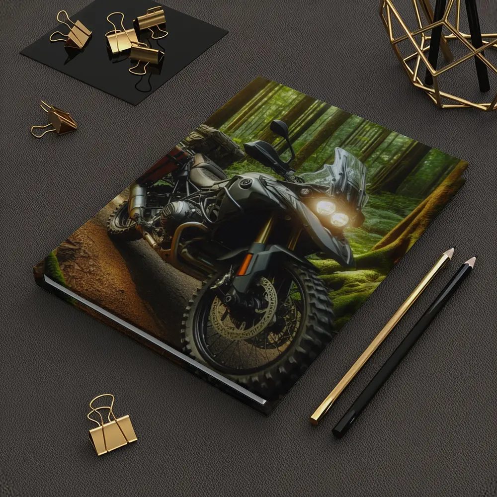 Adventure Motorcycle Parked In Sunlit Forest – Notebooks