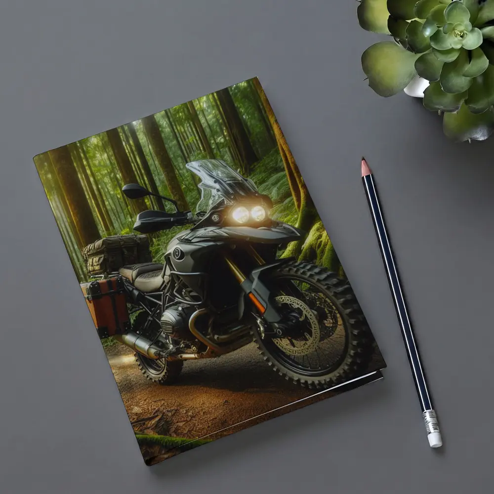 Adventure Motorcycle Parked In Sunlit Forest – Notebooks