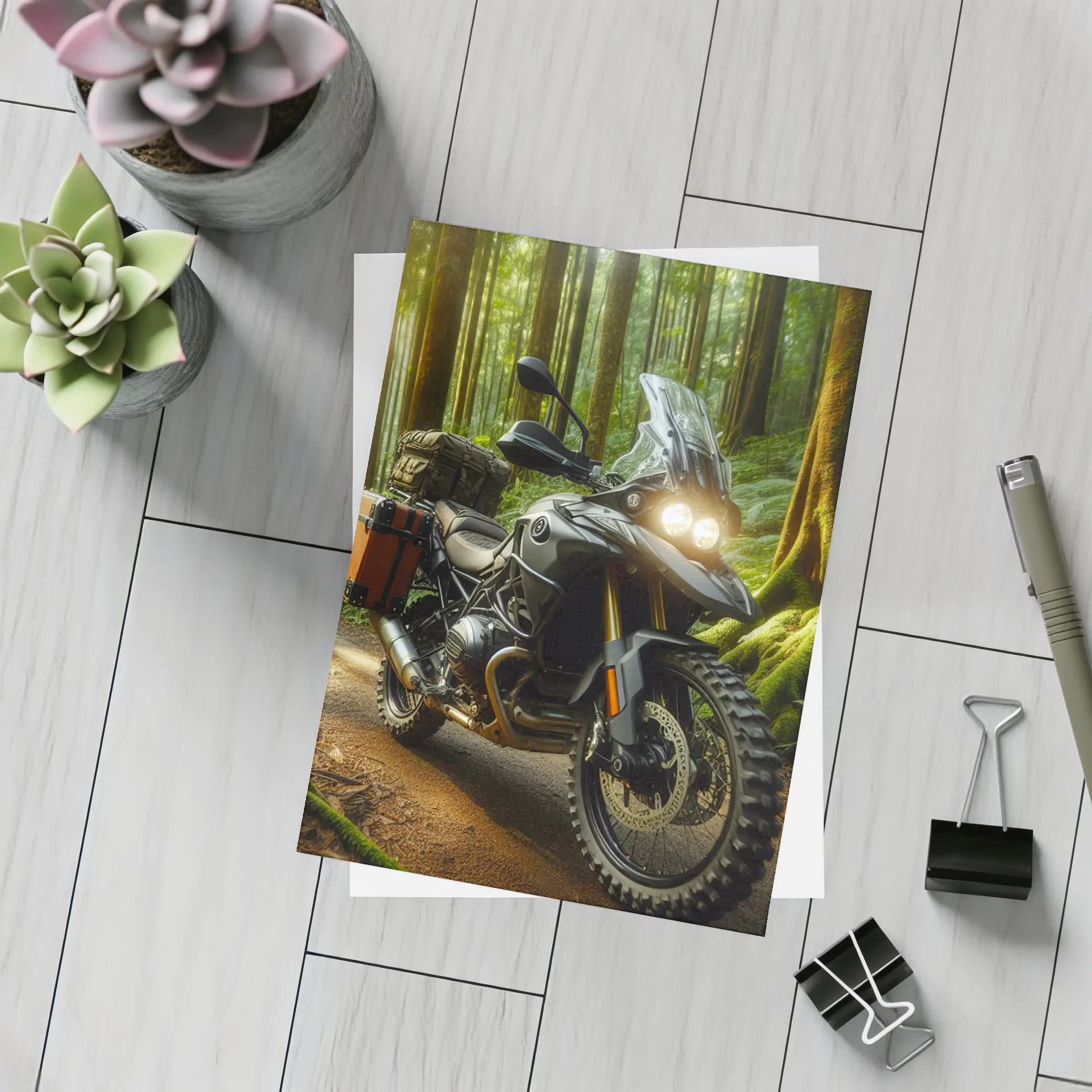 Adventure Motorcycle Parked In Sunlit Forest – Postcards