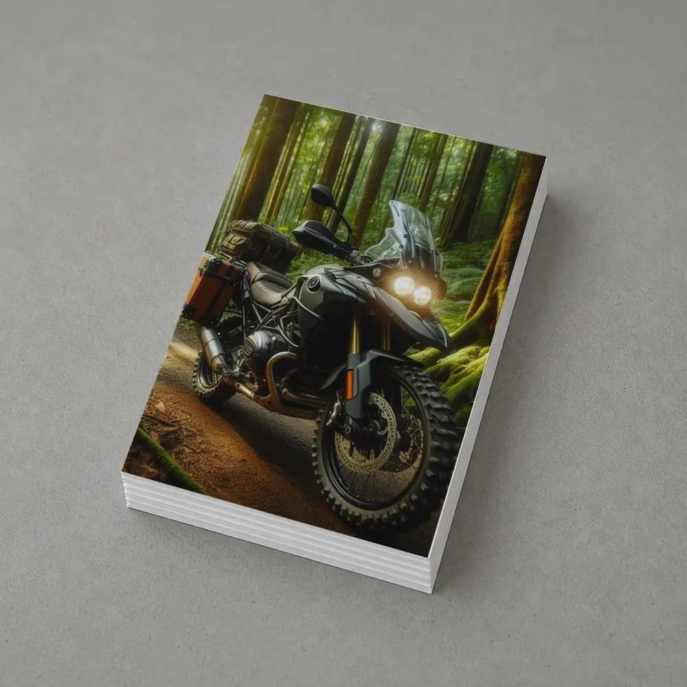 Adventure Motorcycle Parked In Sunlit Forest – Postcards