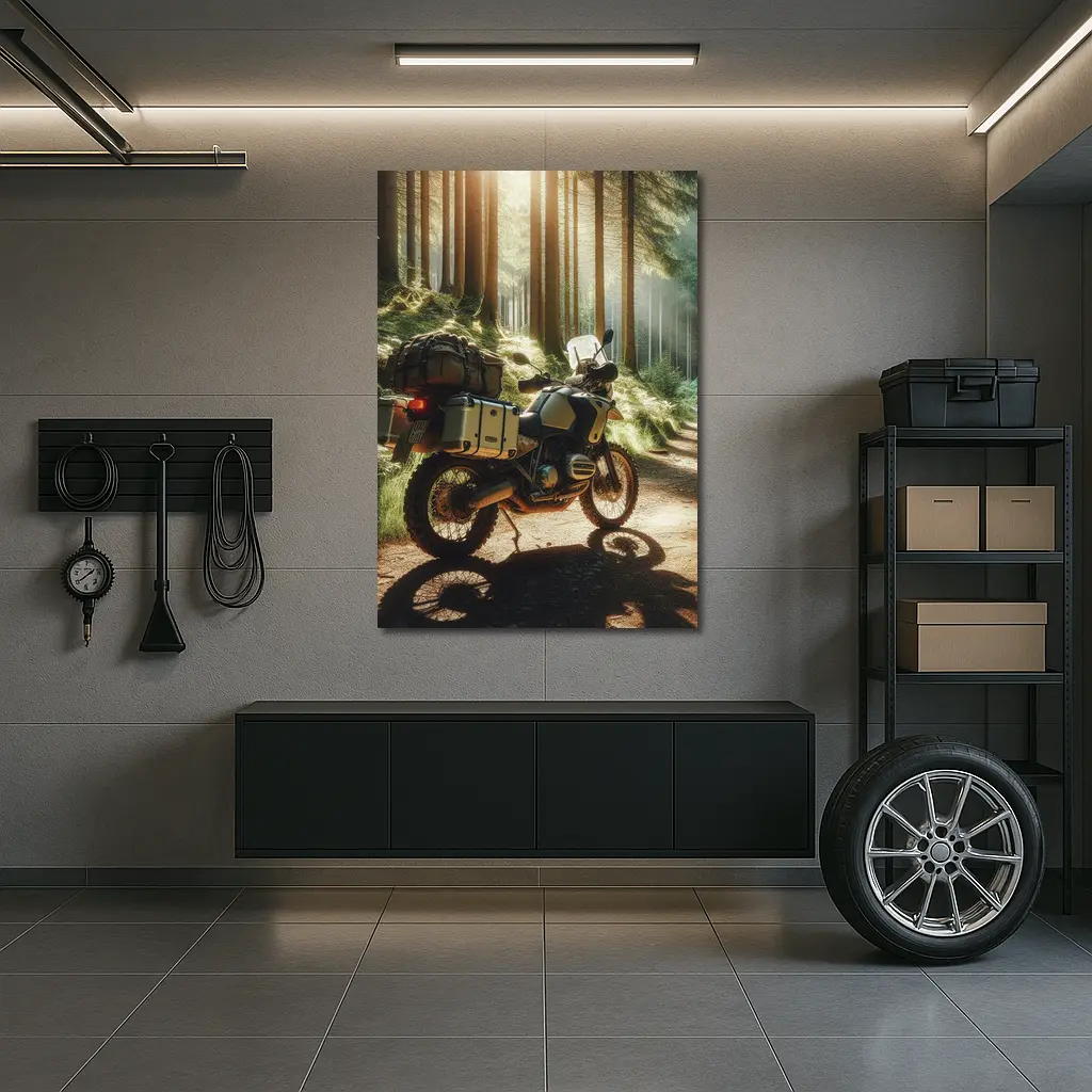 BMW Adventure Motorcycle Parked Forest Trail – Wall Art