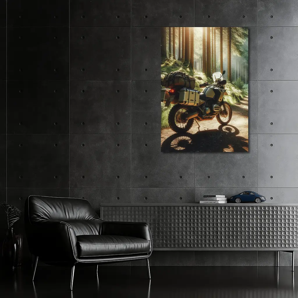 BMW Adventure Motorcycle Parked Forest Trail – Wall Art