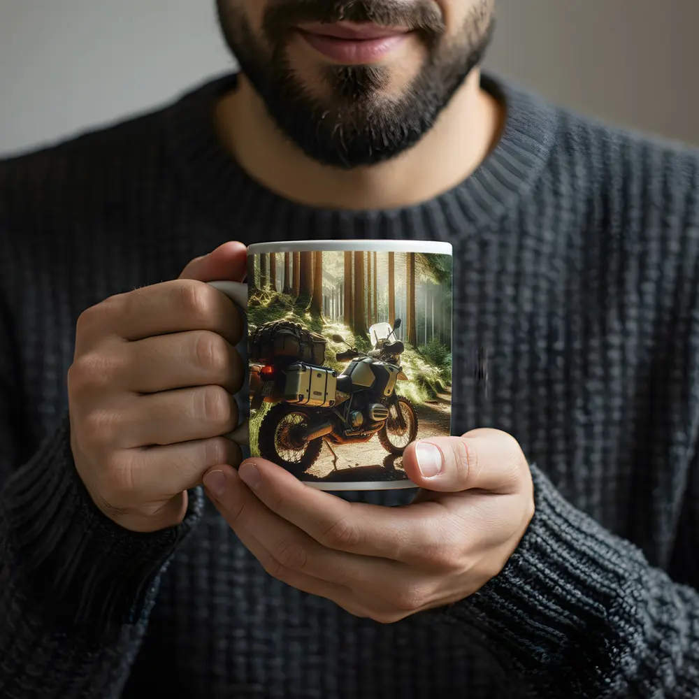 BMW Adventure Motorcycle Parked Forest Trail – Mugs