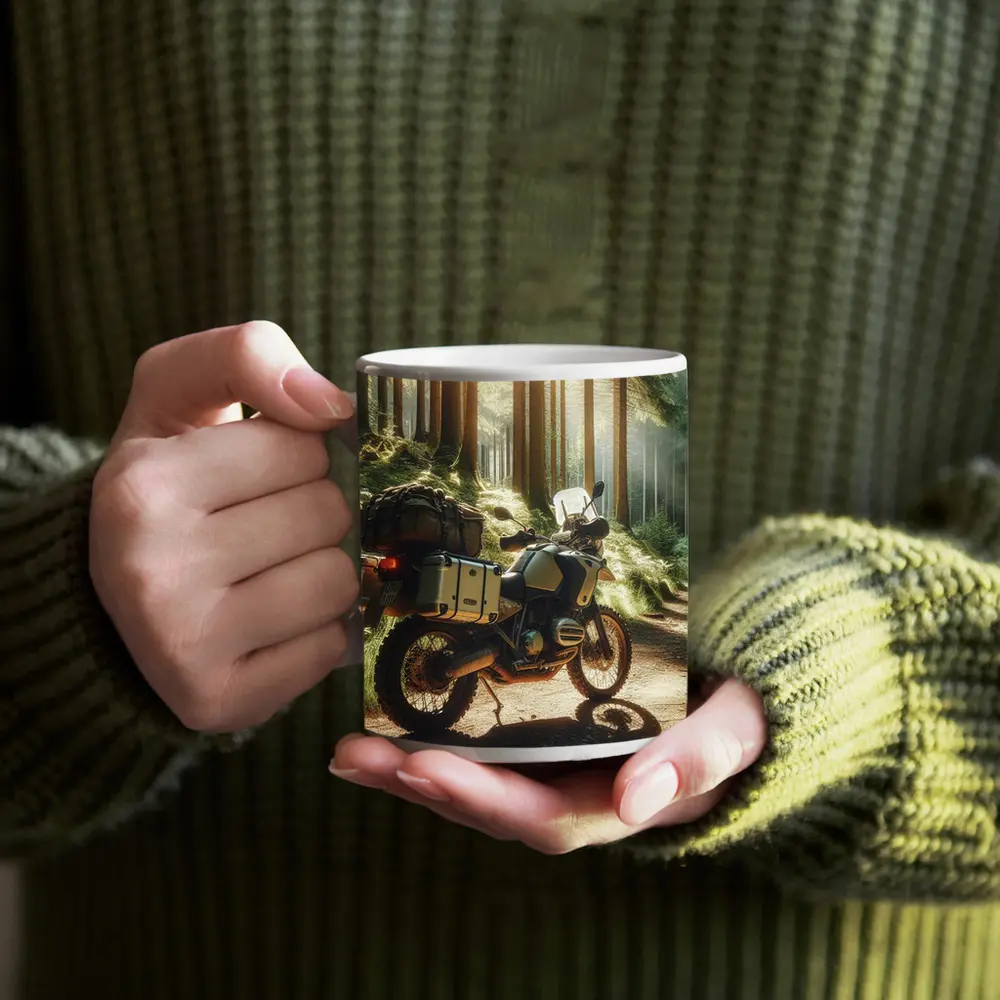 BMW Adventure Motorcycle Parked Forest Trail – Mugs