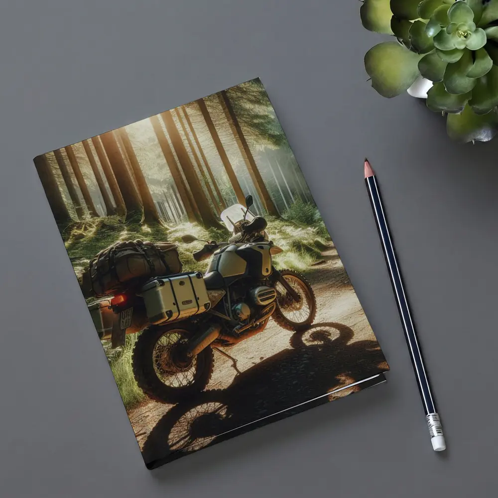 BMW Adventure Motorcycle Parked Forest Trail – Notebooks