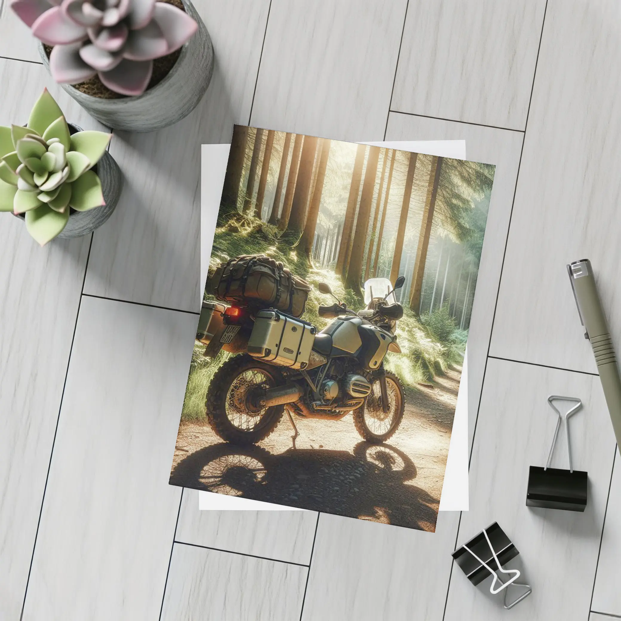 BMW Adventure Motorcycle Parked Forest Trail – Postcards