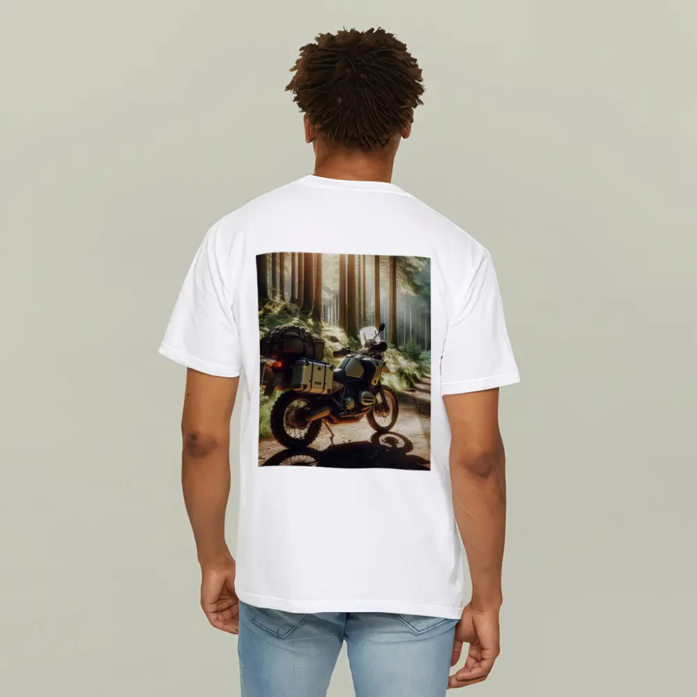 BMW Adventure Motorcycle Parked Forest Trail – T-Shirts