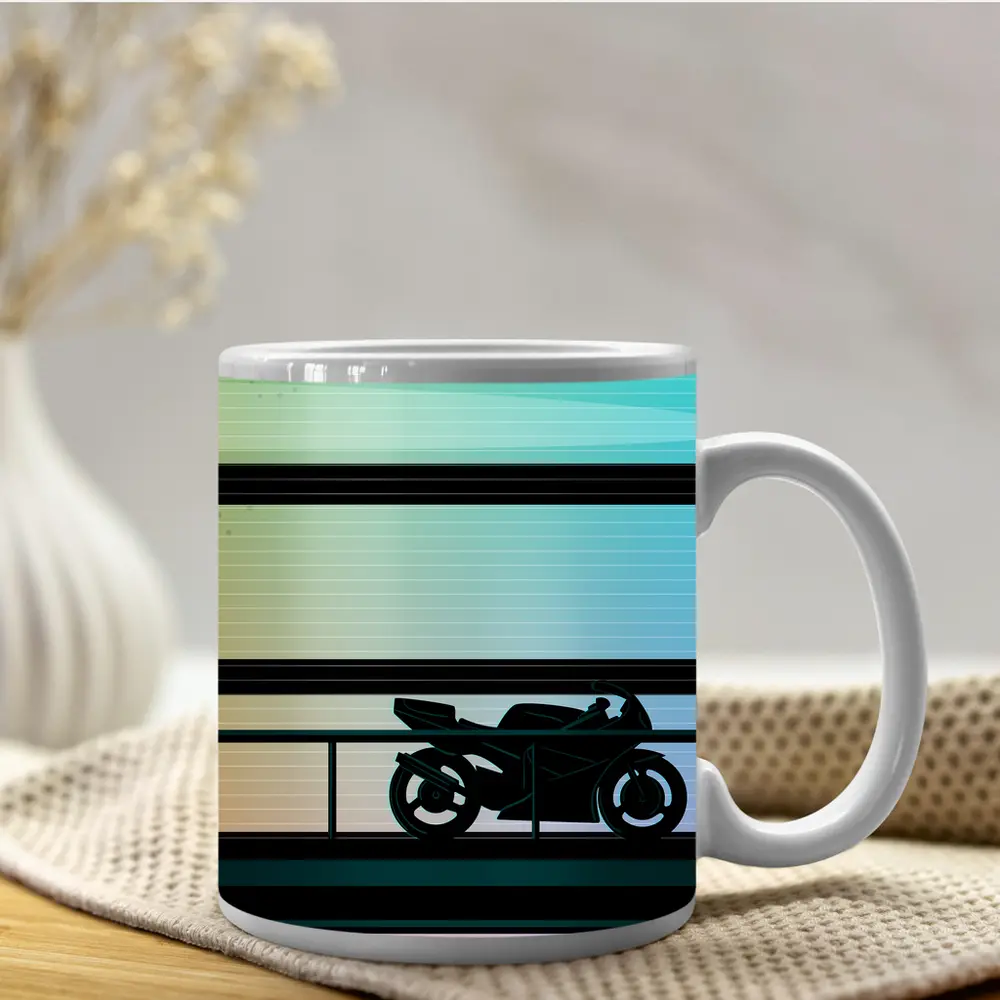 Sport Bike Silhouette Retro Striped Background Art – Mugs