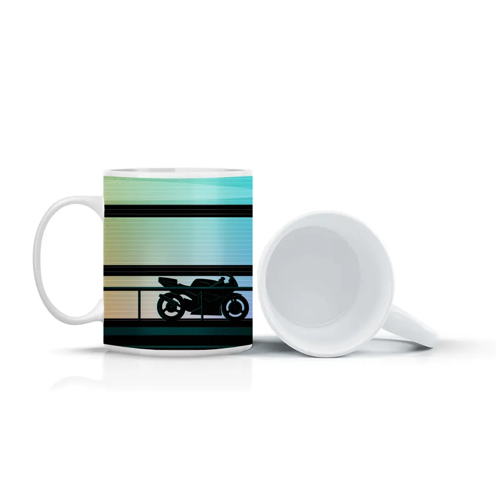 Sport Bike Silhouette Retro Striped Background Art – Mugs