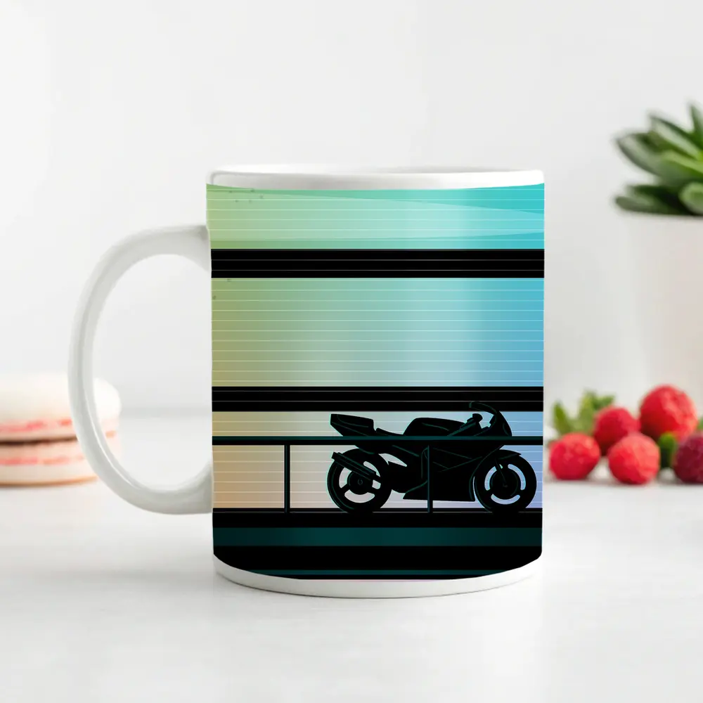 Sport Bike Silhouette Retro Striped Background Art – Mugs
