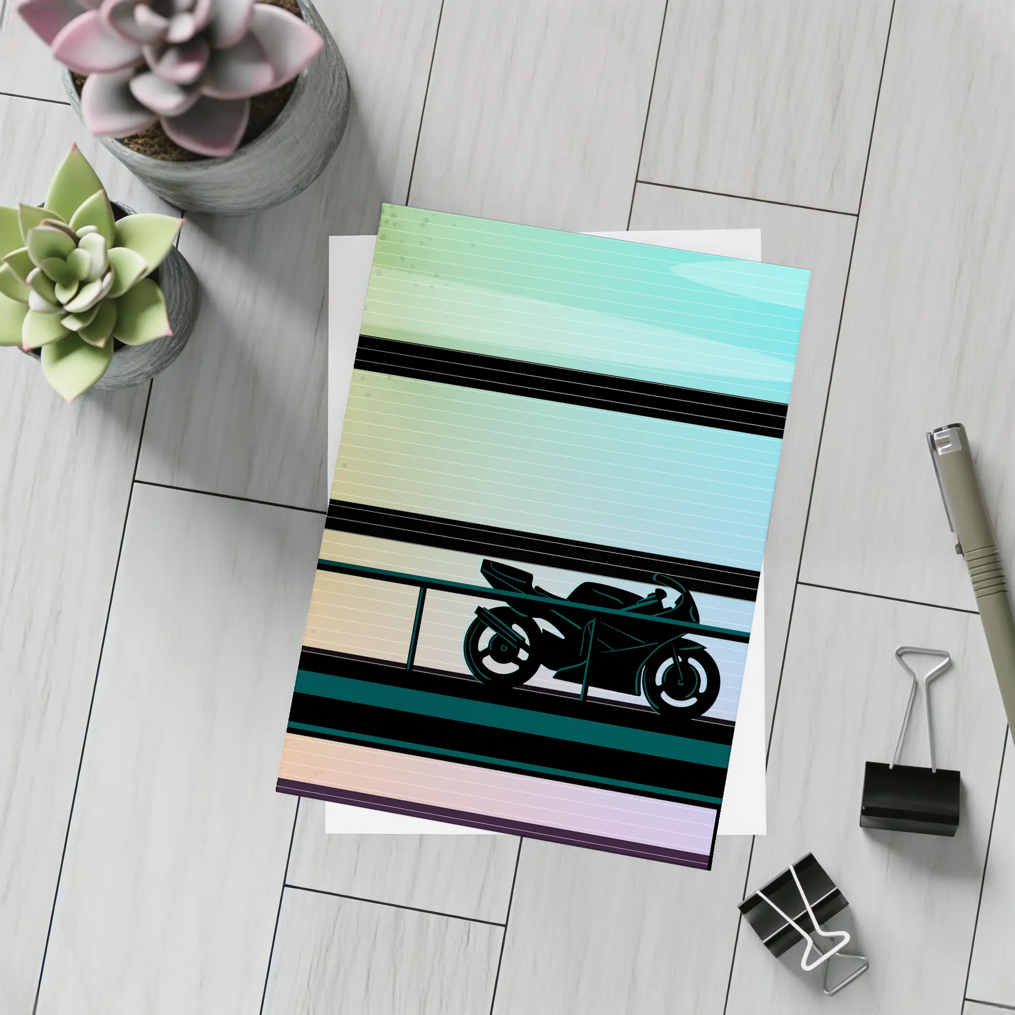 Sport Bike Silhouette Retro Striped Background Art – Postcards