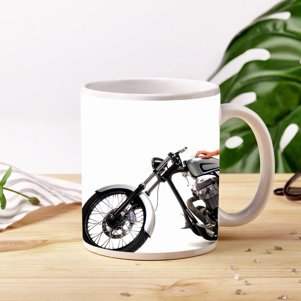 Custom Chopper Motorcycle Blonde Woman White Background – Mugs
