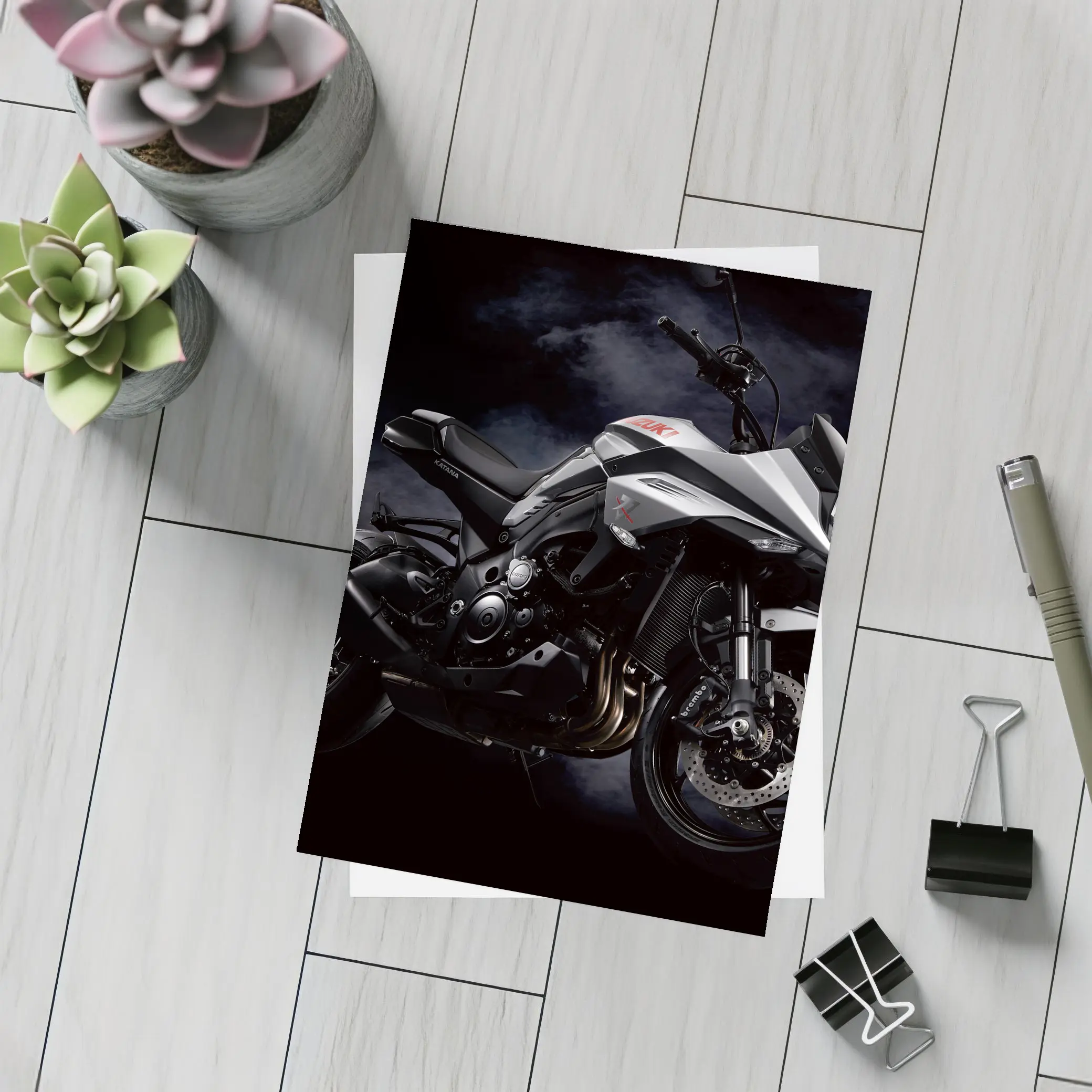 Suzuki Katana Motorcycle Dark Smoky Background – Postcards