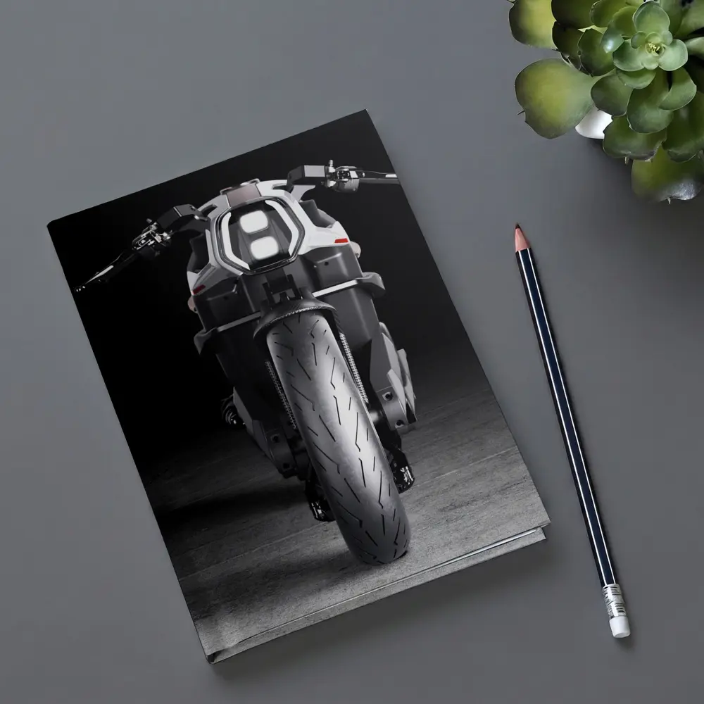 Electric Motorcycle Front View Dark Studio – Notebooks