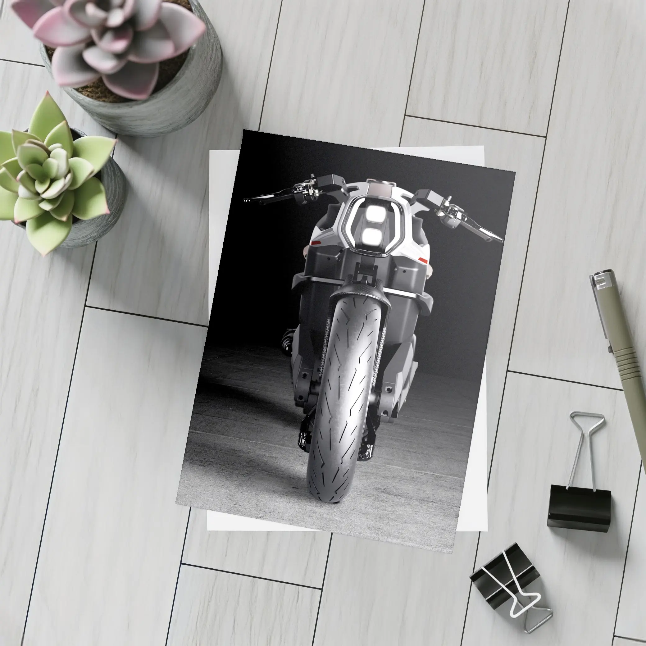 Electric Motorcycle Front View Dark Studio – Postcards