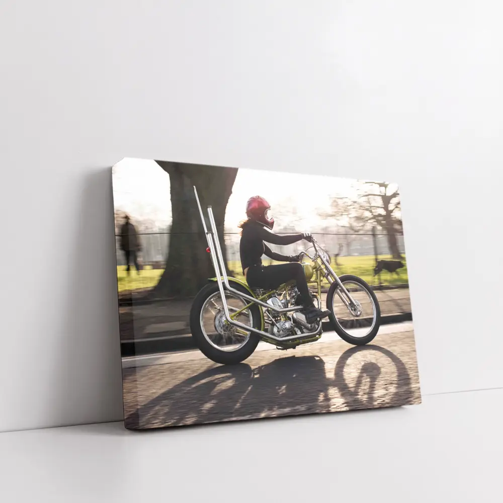 Woman Riding Custom Chopper Motorcycle Street – Wall Art