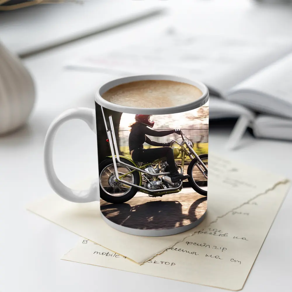 Woman Riding Custom Chopper Motorcycle Street – Mugs