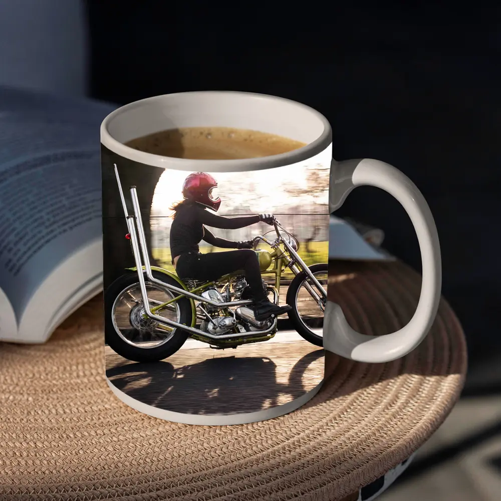 Woman Riding Custom Chopper Motorcycle Street – Mugs