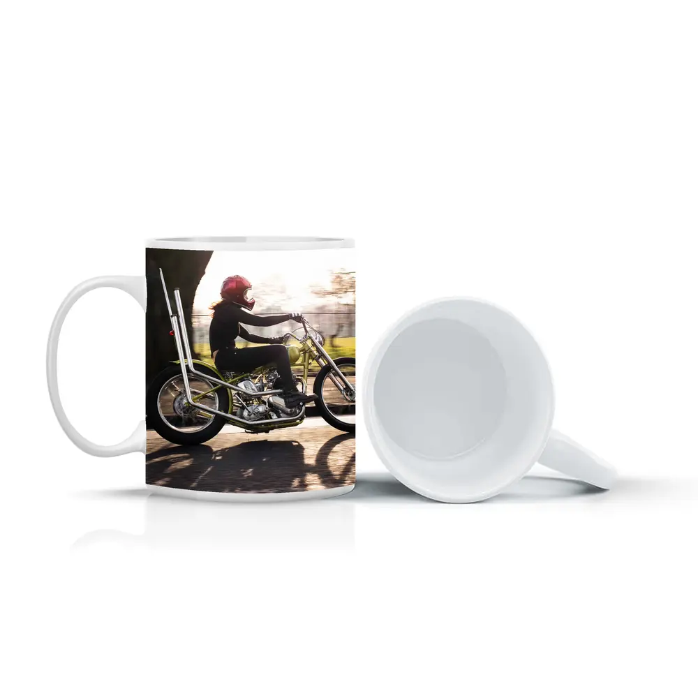 Woman Riding Custom Chopper Motorcycle Street – Mugs