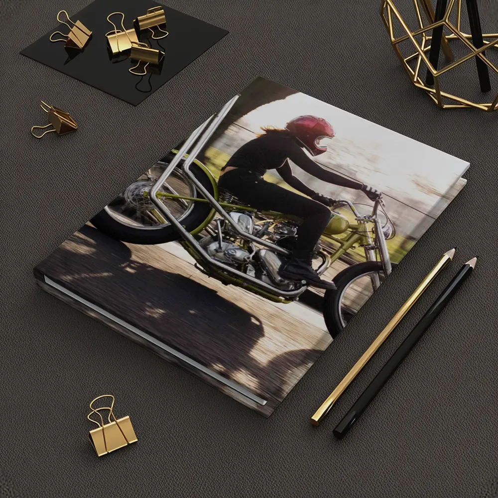 Woman Riding Custom Chopper Motorcycle Street – Notebooks