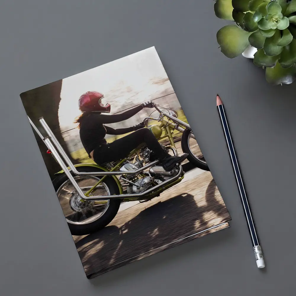 Woman Riding Custom Chopper Motorcycle Street – Notebooks
