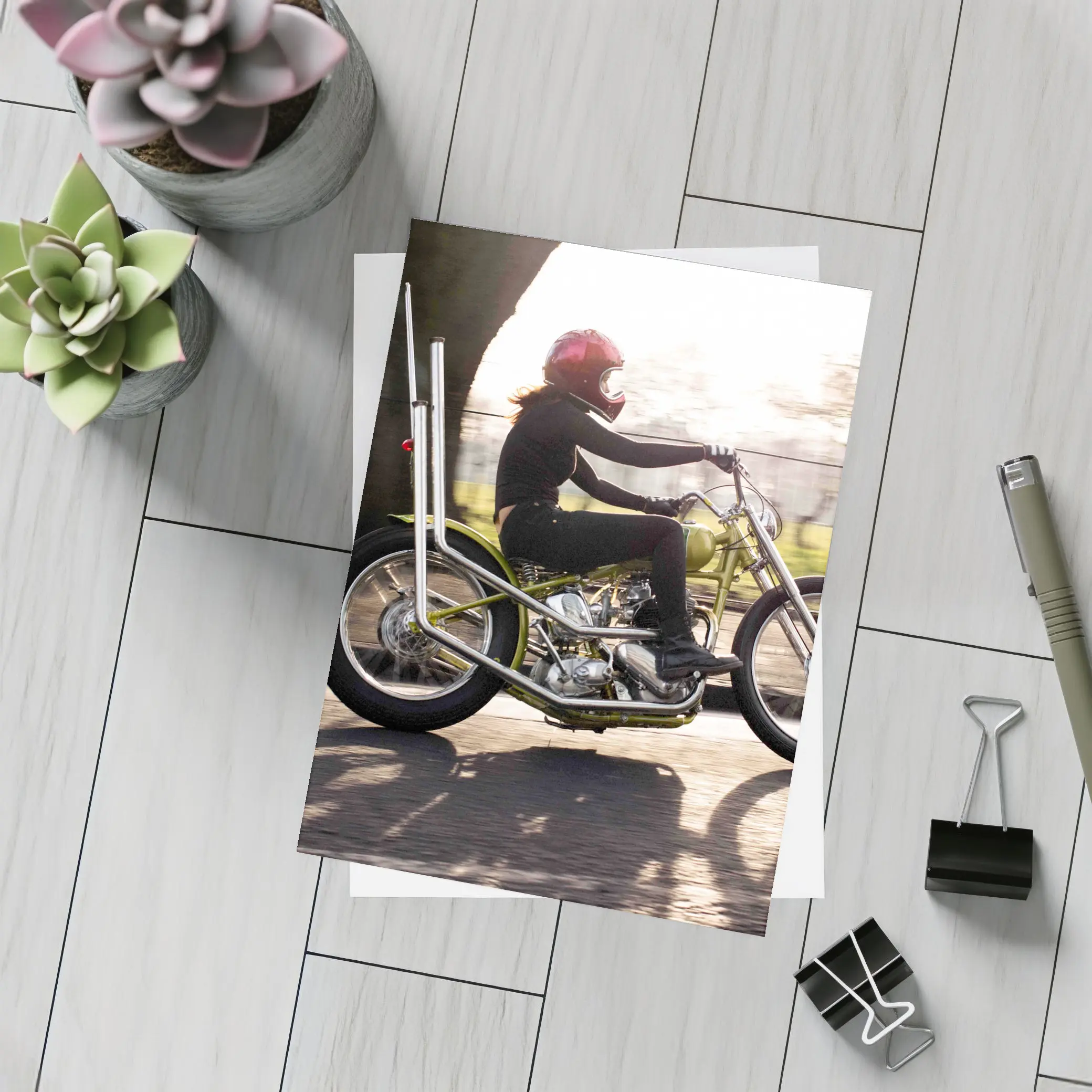 Woman Riding Custom Chopper Motorcycle Street – Postcards