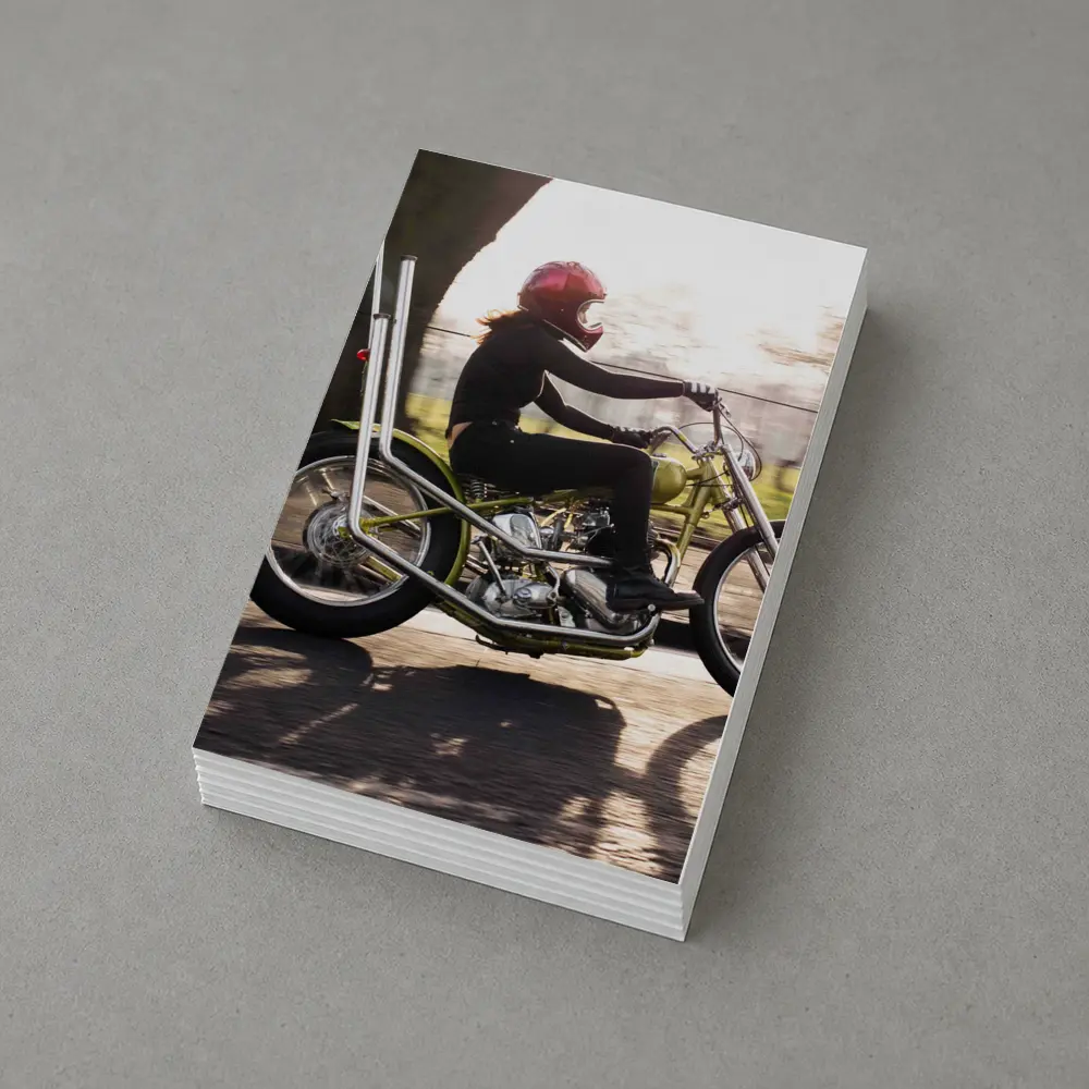 Woman Riding Custom Chopper Motorcycle Street – Postcards