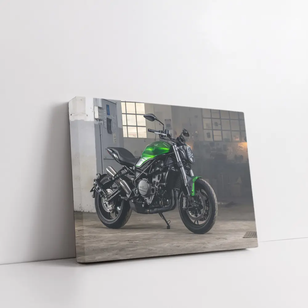 Green Benelli Naked Bike in Industrial Garage – Wall Art