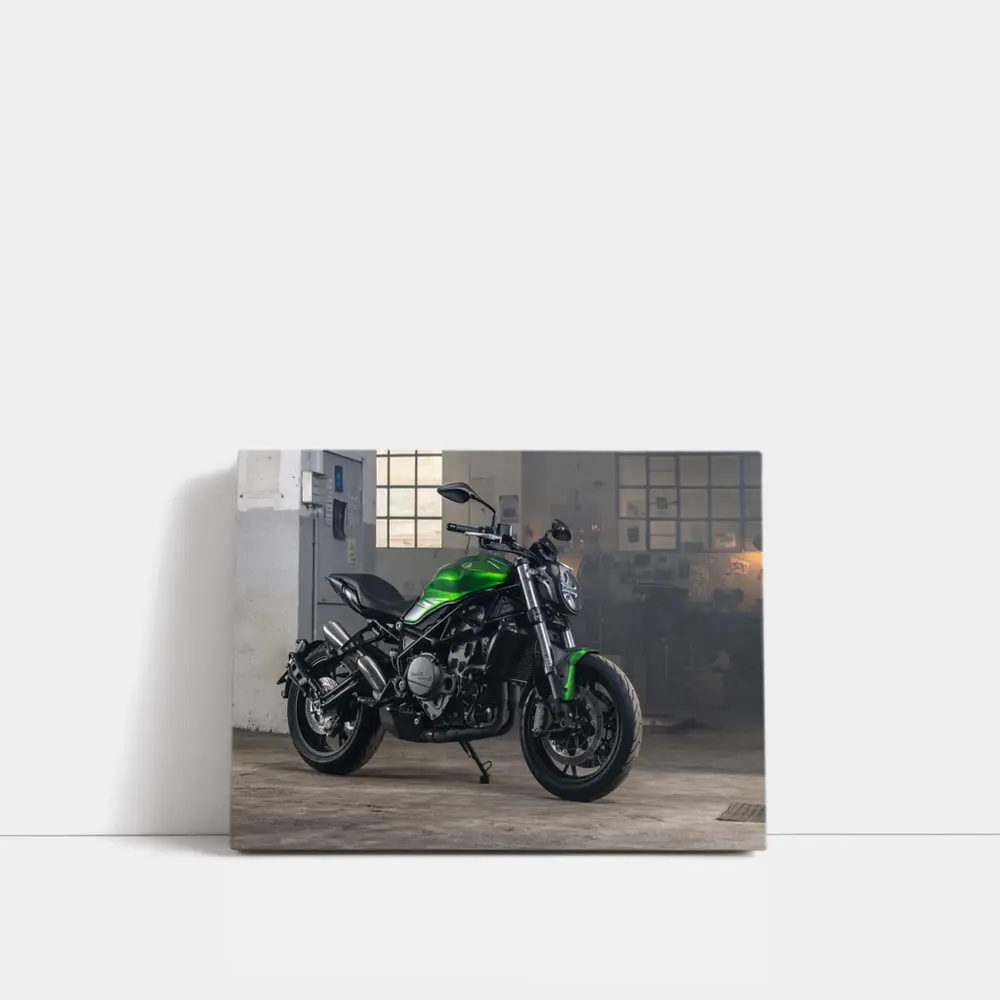 Green Benelli Naked Bike in Industrial Garage – Wall Art