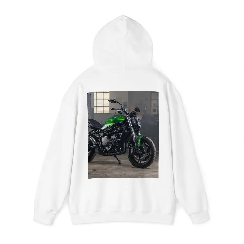 Green Benelli Naked Bike in Industrial Garage – Hoodies