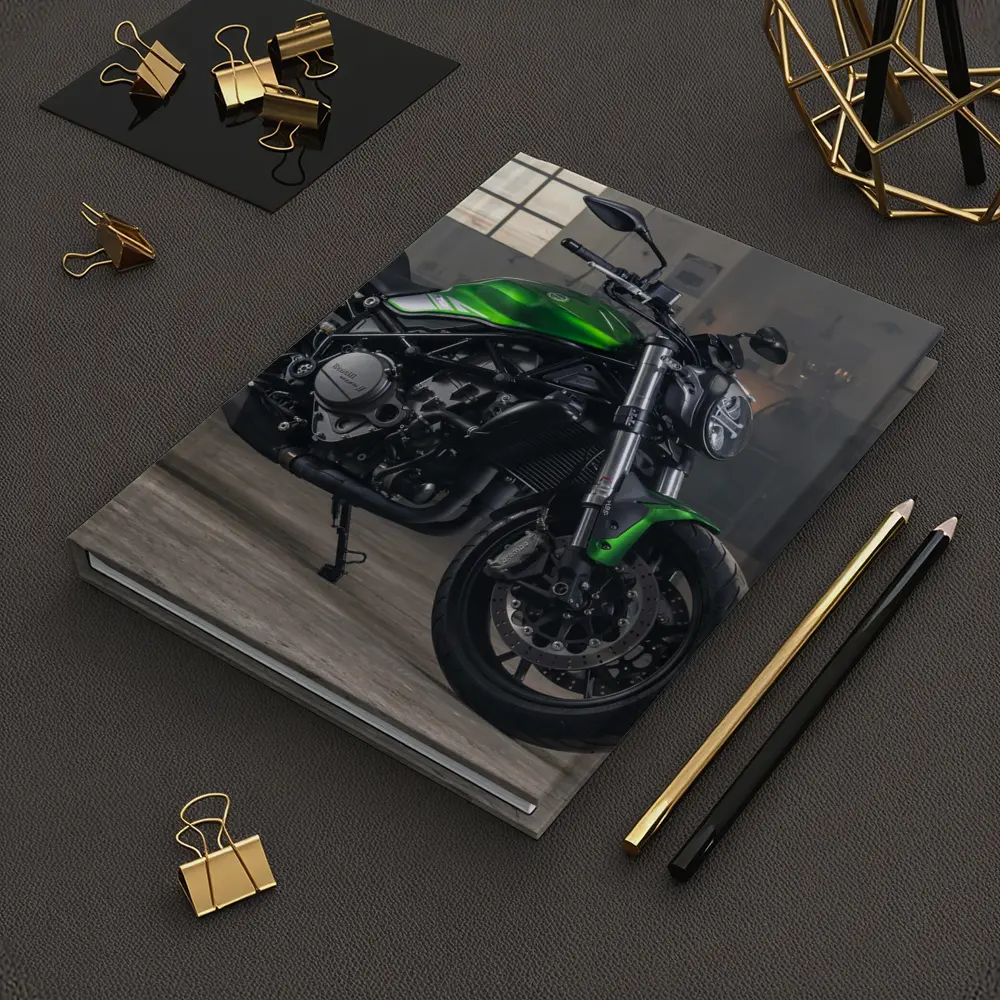 Green Benelli Naked Bike in Industrial Garage – Notebooks