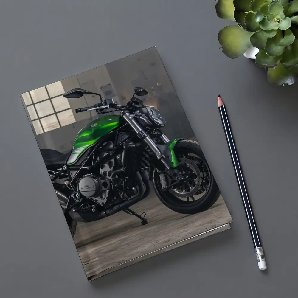 Green Benelli Naked Bike in Industrial Garage – Notebooks