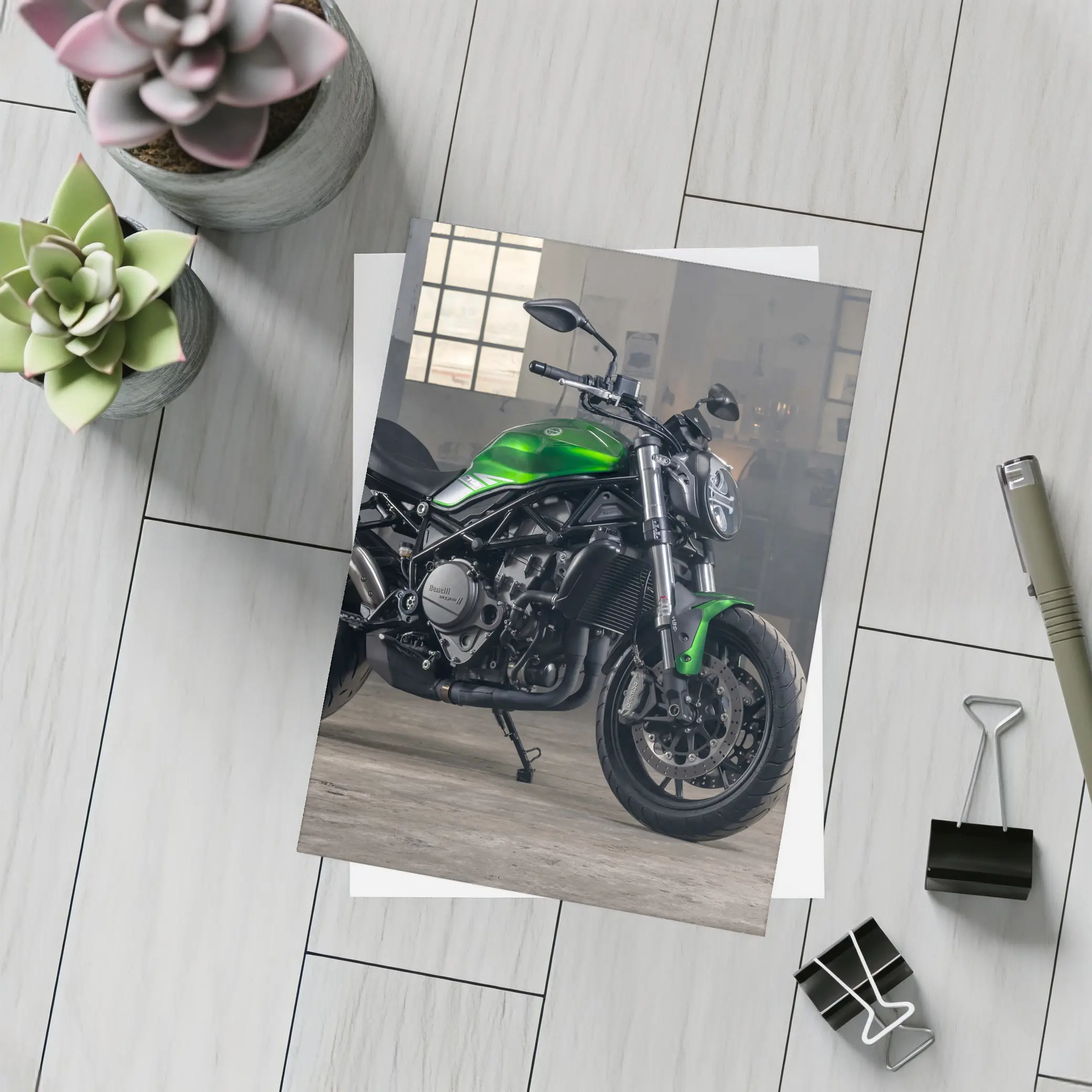 Green Benelli Naked Bike in Industrial Garage – Postcards