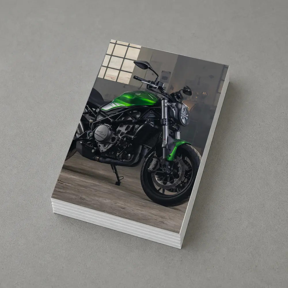Green Benelli Naked Bike in Industrial Garage – Postcards