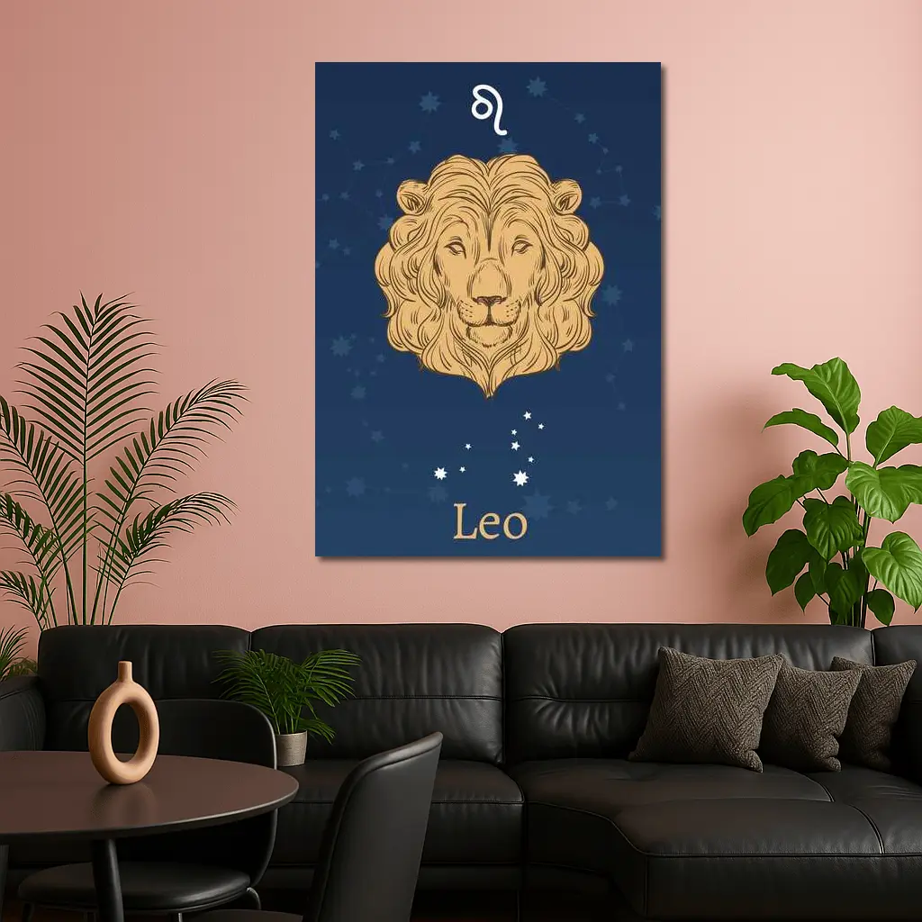 Leo Zodiac Lion Portrait Dark Blue Stars – Wall Art