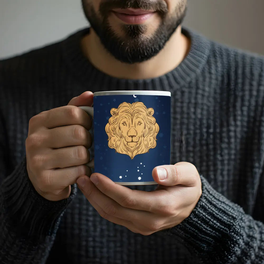 Leo Zodiac Lion Portrait Dark Blue Stars – Mugs