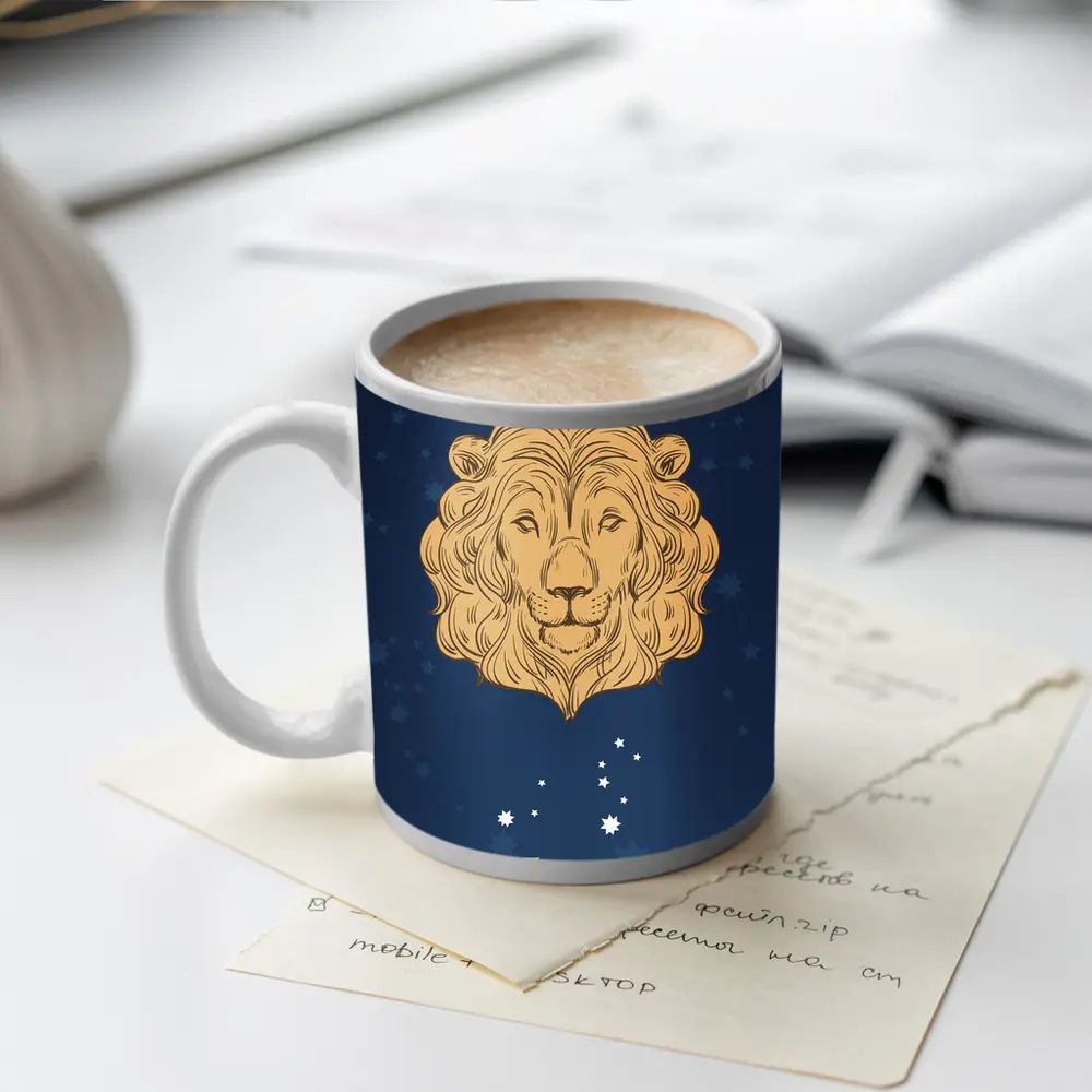 Leo Zodiac Lion Portrait Dark Blue Stars – Mugs