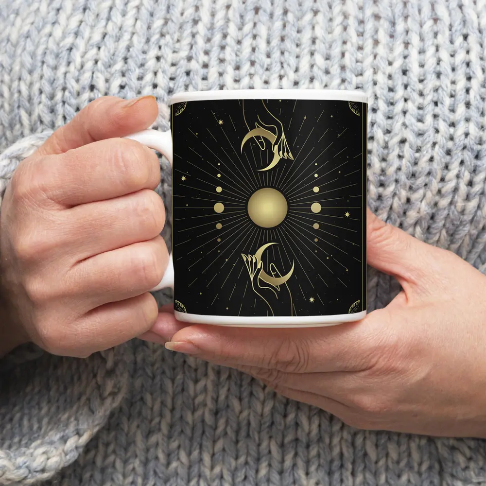 Mystical Hands Crescent Moon Gold Black – Mugs