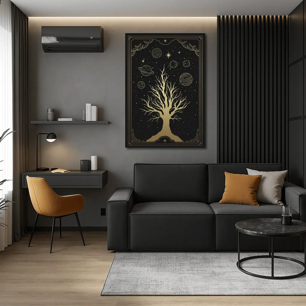 Celestial Tree Gold Stars Planets Dark – Wall Art