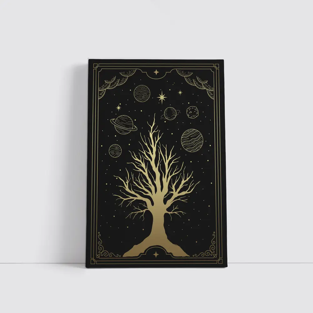 Celestial Tree Gold Stars Planets Dark – Wall Art
