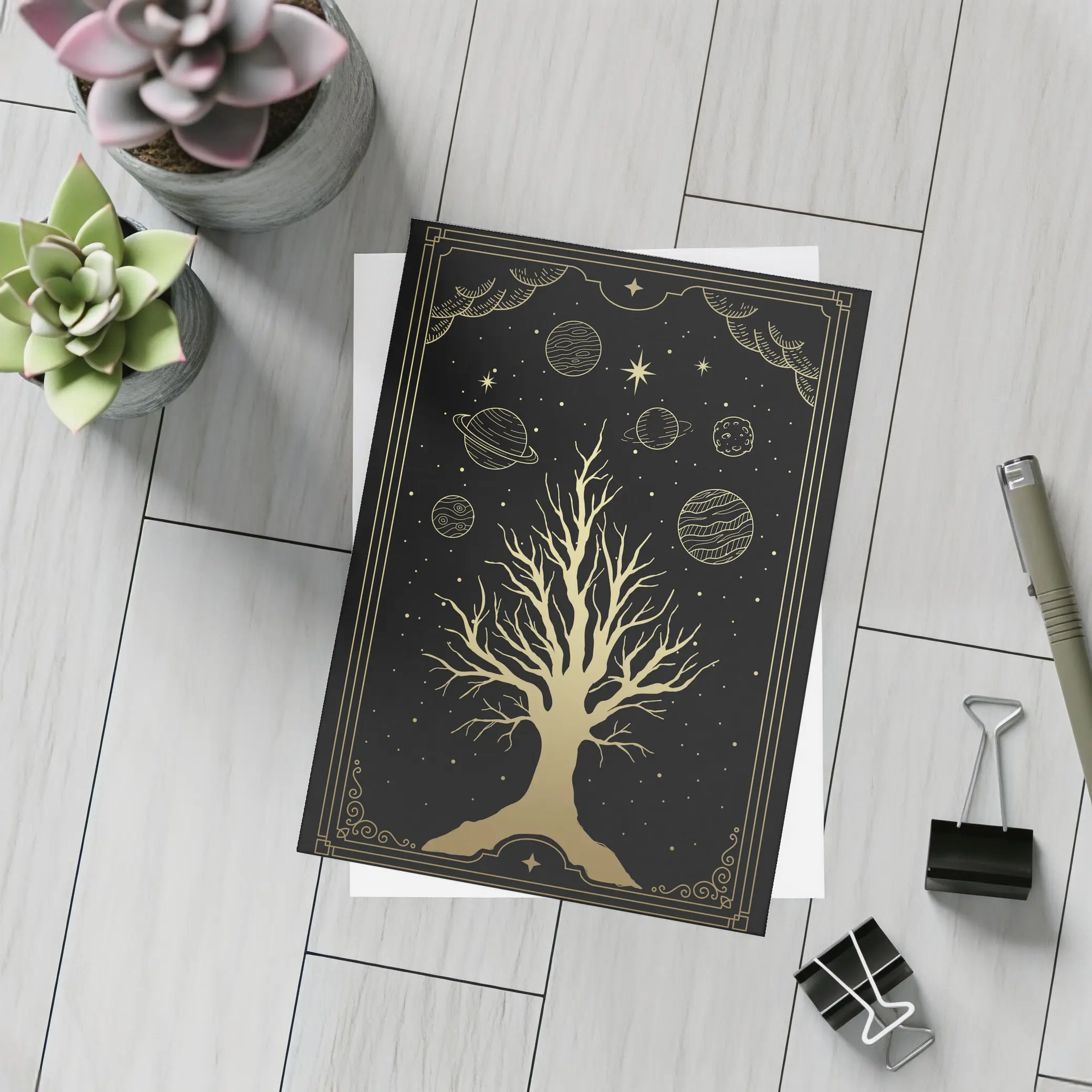Celestial Tree Gold Stars Planets Dark – Postcards