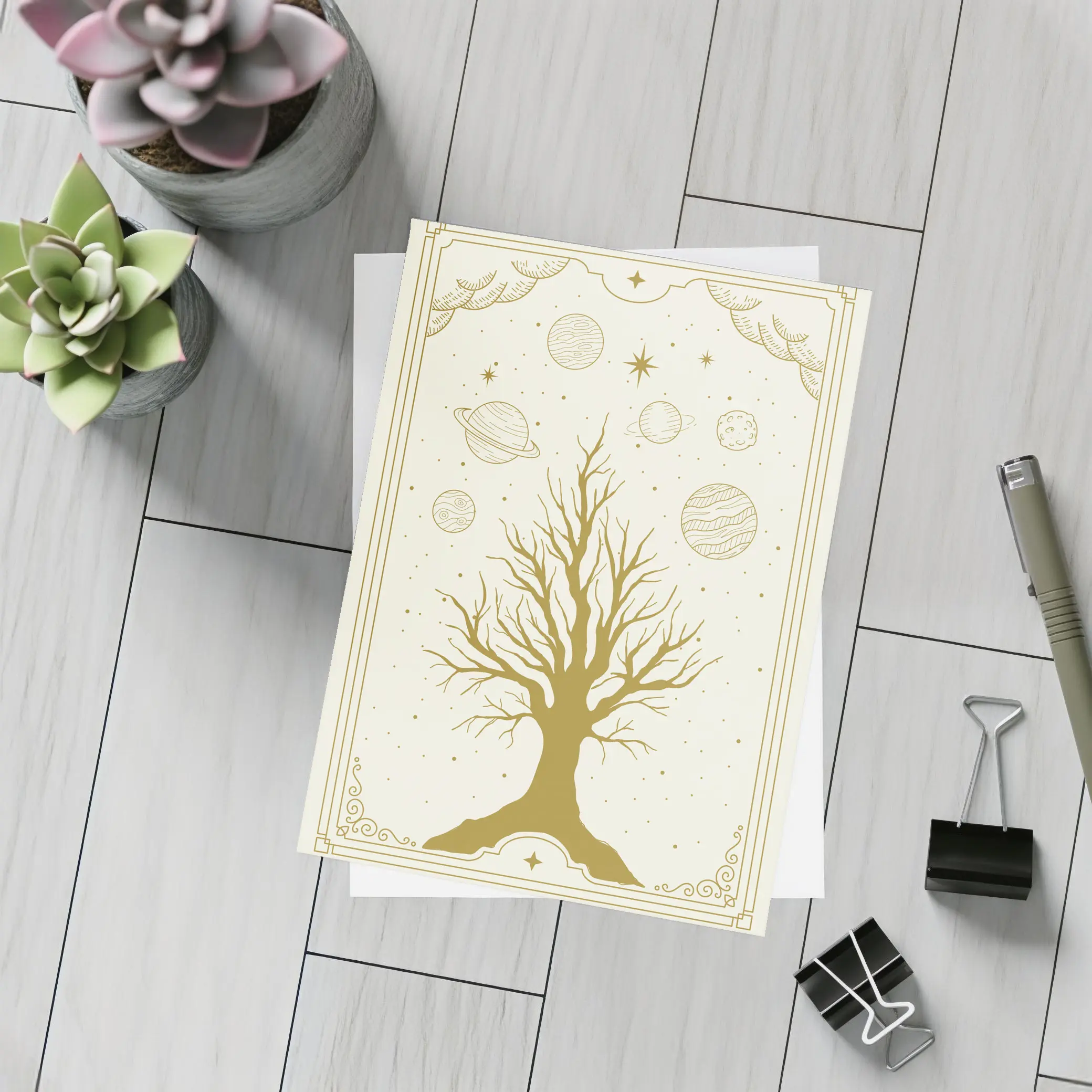 Celestial Tree Gold Planets Cosmic Art – Postcards