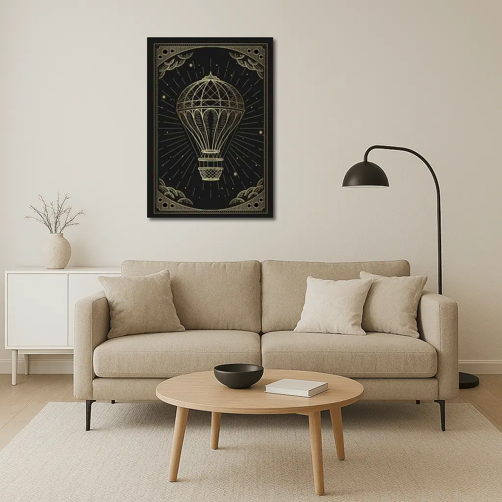 Gold Hot Air Balloon Black Night Sky – Wall Art
