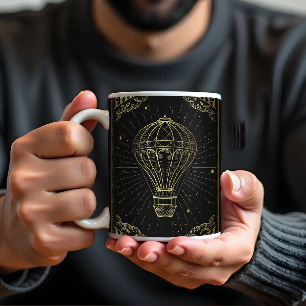 Gold Hot Air Balloon Black Night Sky – Mugs