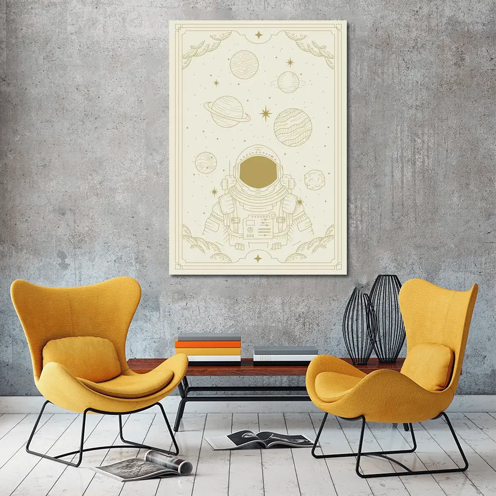 Astronaut Among Planets Celestial Line Art – Wall Art
