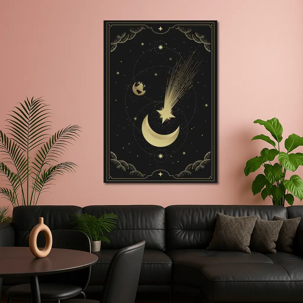 Gold Moon Shooting Star Dark Celestial Art – Wall Art