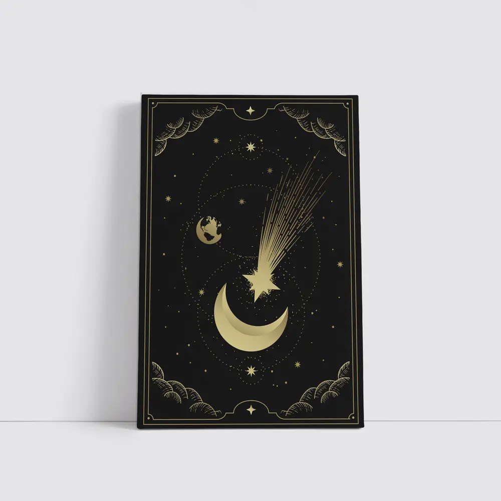 Gold Moon Shooting Star Dark Celestial Art – Wall Art